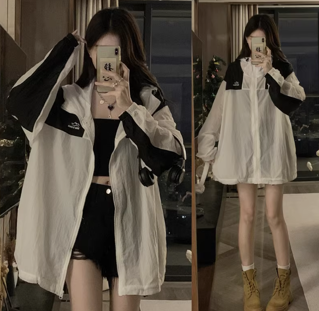 Sun protective coat female summer light medium long loose hooded breathable neutral cool style wear sun protective clothing tide